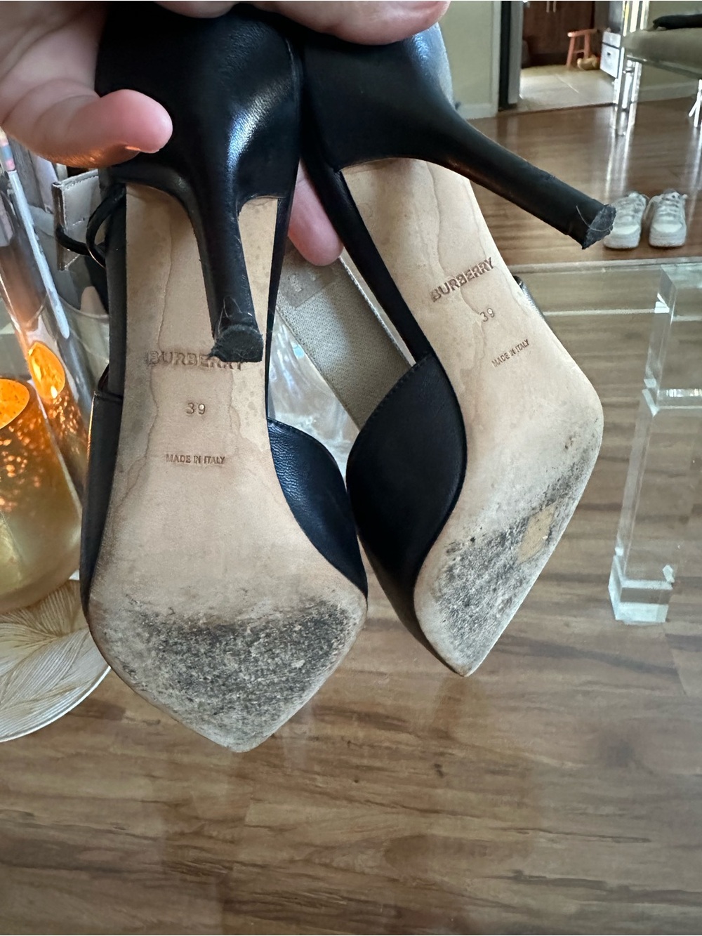 Burberry Black Leather Pointed Slingback Heels with Beige Strap - Picture 7 of 8